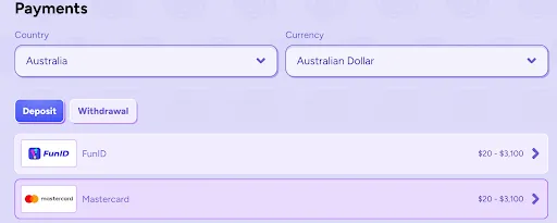 Australia Payments – FunID & Mastercard Limits Payments section showing country selector set to Australia, currency set to Australian Dollar, Deposit and Withdrawal tabs, and payment options FunID and Mastercard with limits $20 – $3,100