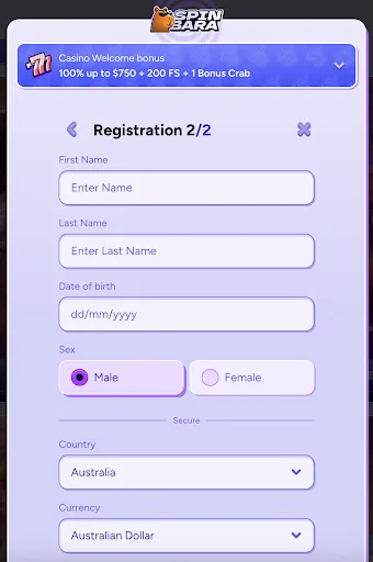 SpinBara registration modal step 2 showing form fields for first name, last name, date of birth, sex selector, country and currency dropdowns