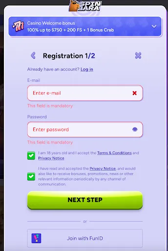 SpinBara registration modal step 1 with highlighted mandatory email and password fields showing “Enter e-mail” and “Enter password” errors, terms checkboxes and “Next Step” button