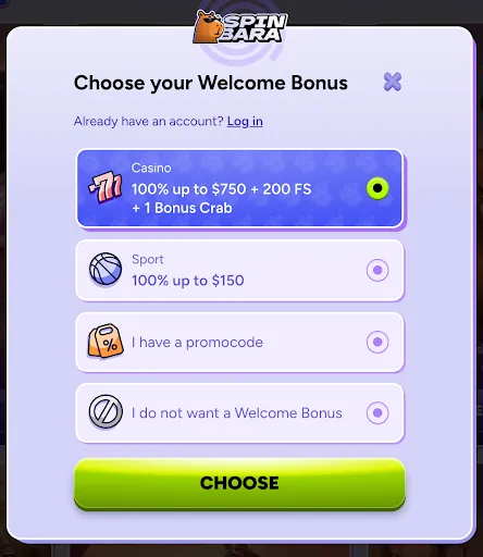 Modal dialog showing Welcome Bonus options: Casino 100% up to $750 + 200 FS + 1 Bonus Crab, Sport 100% up to $150, promo code entry, or no bonus