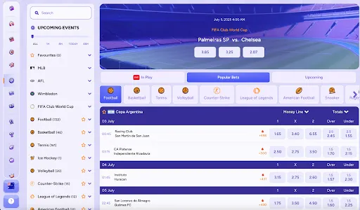 SpinBara live sports betting dashboard SpinBara sports betting interface showing upcoming events list on the left and live odds for the Palmeiras SP vs Chelsea match on the right