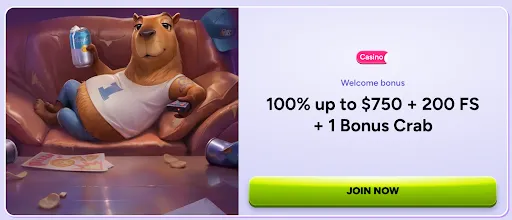 Spinbara Casino Welcome Bonus – 100% up to $750 + 200 Free Spins + 1 Bonus Crab Spinbara camel mascot lounging with a drink alongside a casino welcome bonus offer