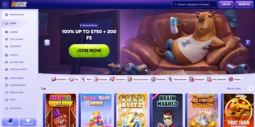 Spinbara – Casino & Sports Betting Platform Spinbara homepage showing welcome bonus banner and game categories in English